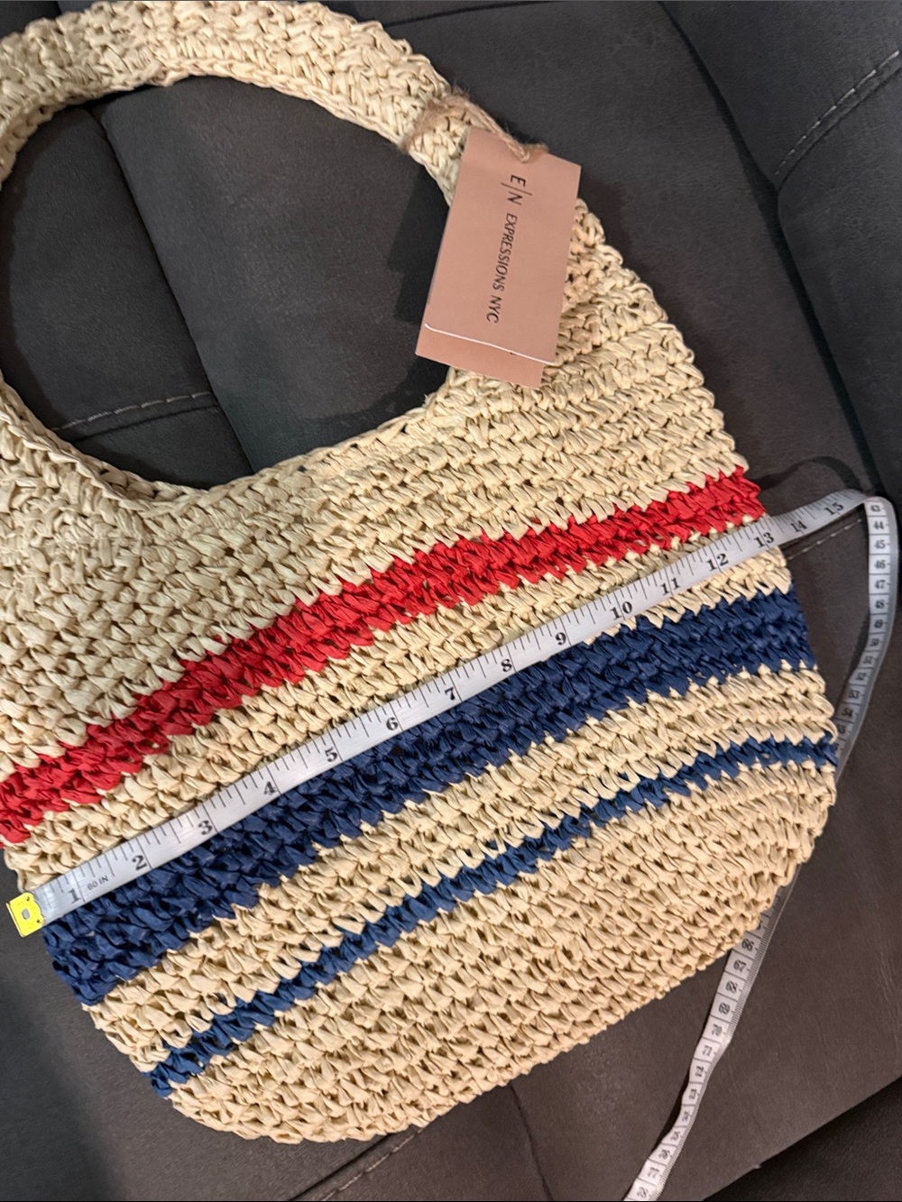 Woven Cream Shoulder Bag with Red and Blue Stripes - Picture 4 of 6
